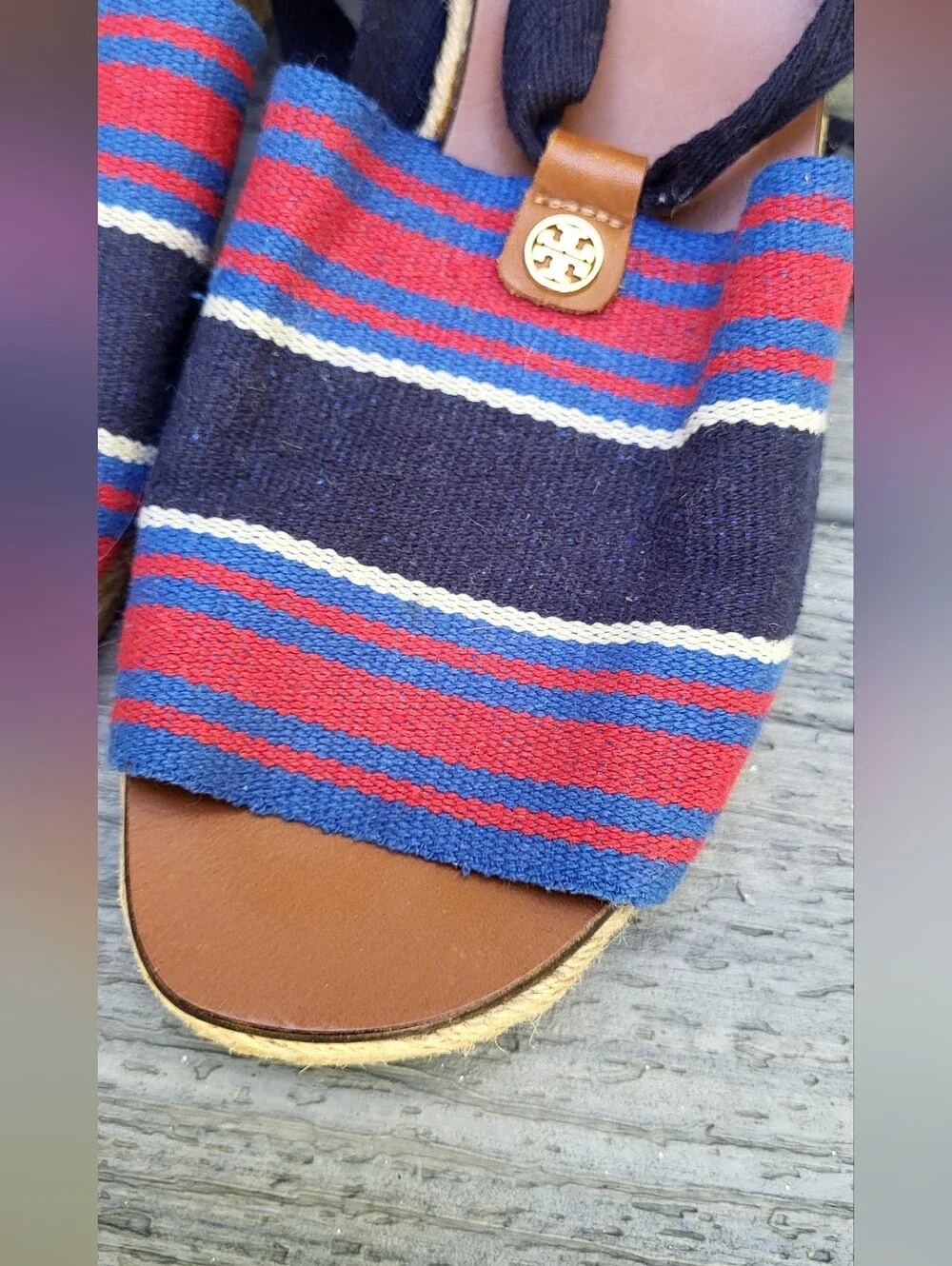 Tory Burch Stripe Wedge Espadrille Ribbon Tie Sandal